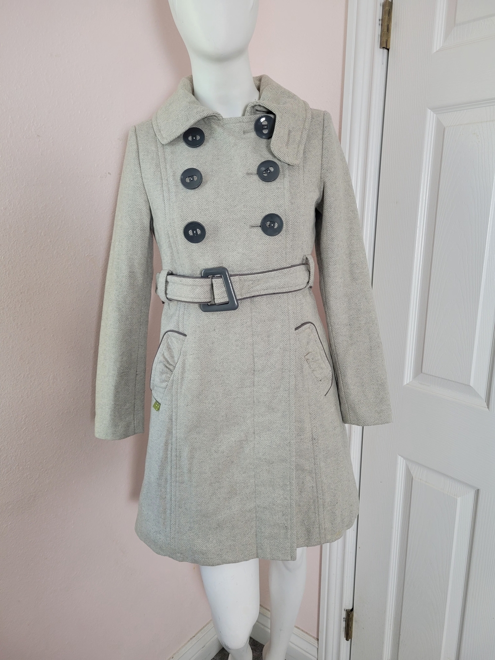 Soia & Kyo Wool Blend Chevron Trench Coat Belted Gray Cream Size PS